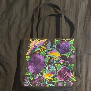 Embroidered Floral Tote Bag - Black and Purple